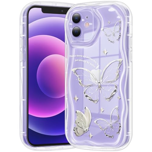 Compatible for iPhone 12 Case, Pretty Butterfly Print Three-Dimensional Wave Clear Case for Girls Women, Soft Full Package Anti-Fall Cover for iPhone 12, Silver Butterfly - color: Silver Butterfly, size: iPhone 12