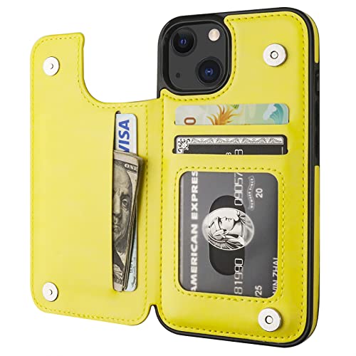 ONETOP for iPhone 13 Wallet Case with Card Holder,Yellow | Kickstand,ID/Cash Holder,Case Wallet with Card Slots,Double Magnetic Clasp,Durable PU Leather Shockproof Cover for Women Men - color: Yellow