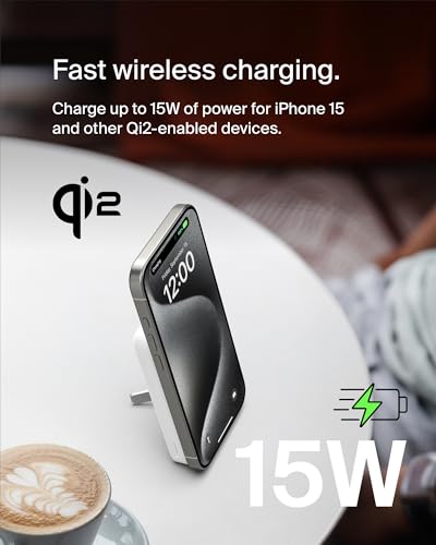 Belkin 5000mAh 15W Qi2 MagSafe Power Bank with Kickstand | Wireless Charging Battery Pack, iPhone 17, Air, Pro, Pro Max, AirPods, Apple Watch, Google Pixel 10, Built-in Stand, Magnetic - color: White, style: 5K mAh
