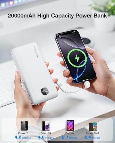 penaover Portable Charger with Built-in Cables&AC Wall Plug,5 Output 2 Input 20000mAh Power Bank,22.5W Fast Charging Battery Pack with LED Display,Compatible with iPhones,Android, Samsung etc,White - color: White