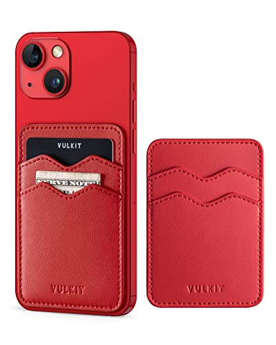 VULKIT Stick on Card Holder Compatible for iphone Leather Cell Phone Wallet Credit Card Case Strong Sticker for Women - color: Red