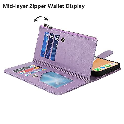iCoverCase for iPhone X/XS Wallet Case with Card Holder and Wrist Strap, PU Leather Kickstand Card Slots Zipper Pocket Magnetic [Detachable] Flip Cover Case 5.8 Inch (Purple) - color: Purple