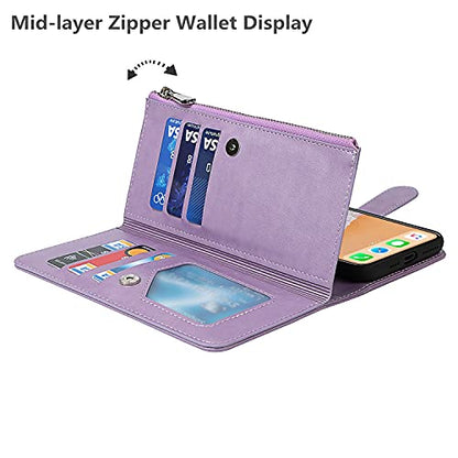 iCoverCase for iPhone X/XS Wallet Case with Card Holder and Wrist Strap, PU Leather Kickstand Card Slots Zipper Pocket Magnetic [Detachable] Flip Cover Case 5.8 Inch (Purple) - color: Purple