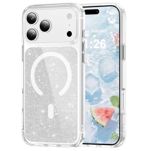 LEMAXELERS Magnetic Clear Glitter Case for iPhone 17 Pro -Clear SF | Compatible with MagSafe, Crystal Sparkly Bling Clear TPU Bumper Hard PC Slim Shockproof Protective Cover - color: Clear, size: iPhone 17 Pro