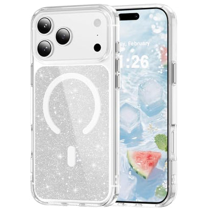 LEMAXELERS Magnetic Clear Glitter Case for iPhone 17 Pro Max -Clear SF | Compatible with MagSafe, Crystal Sparkly Bling Clear TPU Bumper Hard PC Slim Shockproof Protective Cover - color: Clear, size: iPhone 17 Pro Max