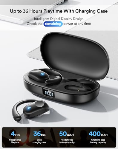 Eigsupia Open Ear Headphones, Bluetooth Headphones 5.3 Sports with Smart Digital Display, 36H Playtime, IP54 Waterproof, Wireless Earbuds Lightweight Design Fit Cycling, Running, Workout (Black)