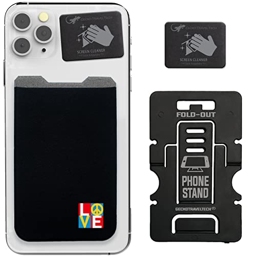 Phone Wallet - Adhesive Card Holder - Cell Phone Pouch - Stick on Lycra Pocket by Gecko - Carry Credit Cards and Cash - color: PEACE LOVE
