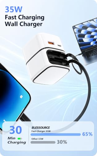 4 in 1 Retractable Wall Charger, 35W Fast Charging Travel Charger - color: White