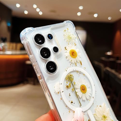 Compatible with Samsung Galaxy S23 Ultra Case,Compatible with MagSafe,Cute Pressed Dried Flowers Design Women Girly Shockproof Floral Clear Magnetic Case for Galaxy S23 Ultra (White) | Cute Pressed Dried White Flowers Design Women Girly Shockproof Floral