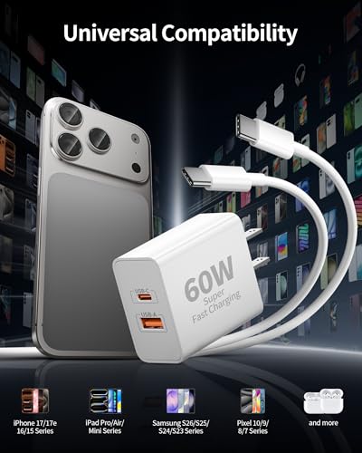 iPhone 17 16 15 Charger Fast Charging, 3 Pack 60W USB C Super Fast Charger - size: 3Pack-10FT