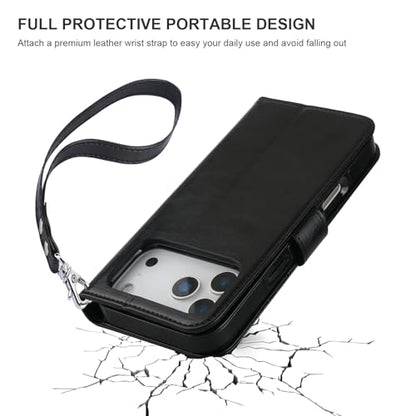 Bocasal Detachable Wallet Case Card Holder for iPhone 17 Pro Max Black | RFID Blocking Kickstand Card Slots Holder PU Leather Magnetic Shockproof Wrist Strap Removable Flip Protective Cover 6.9 inch - color: Black