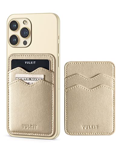 VULKIT Stick on Card Holder Compatible for iphone Leather Cell Phone Wallet Credit Card Case Strong Sticker for Women - color: Gold