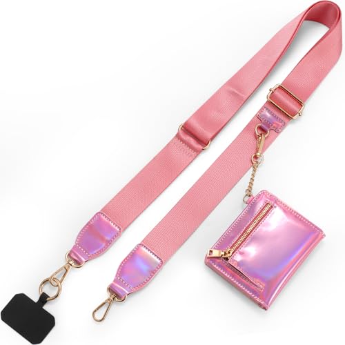 Diaclara Clip and Go Phone Strap with Zipper Pouch- Stylish Crossbody Adjustable Chain Lanyard with Leather Wallet for All Phones, Bright Pink - color: Bright Pink