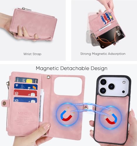 for iPhone 17 Pro Wallet Case, [Compatible with Magsafe] [Magnetic Detachable] [RFID Blocking] PU Leather Case with Card Holder & Crossbody Strap for Women Men, Pink - color: Pink