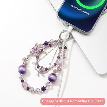 WOZEAH Phone Charm for Women, Beaded Wrist Strap Lanyard with Tether Tab – Anti-Theft Hands-Free Detachable Phone Chain Wristlet - color: DarkPurple Butterfly