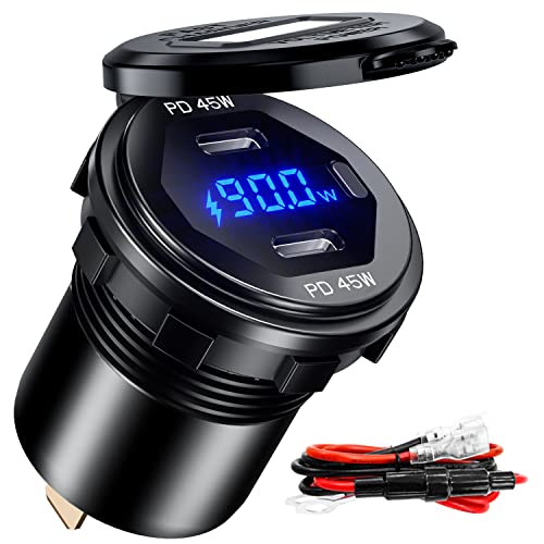 Dual PD 45W USB C Charger Socket Fast Charge Dual PD USB C Port Waterproof with Switch LED Voltmeter and Wire Fuse DIY Kit for 12V/24V Car Boat Marine ATV Bus Truck RV Motorcycle