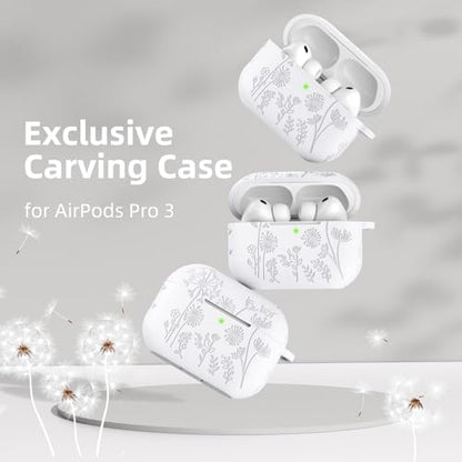 Lerobo for AirPods Pro 3 Case, Flower Engraved Soft Silicone Cover, White - color: A-White, size: AirPods Pro 3