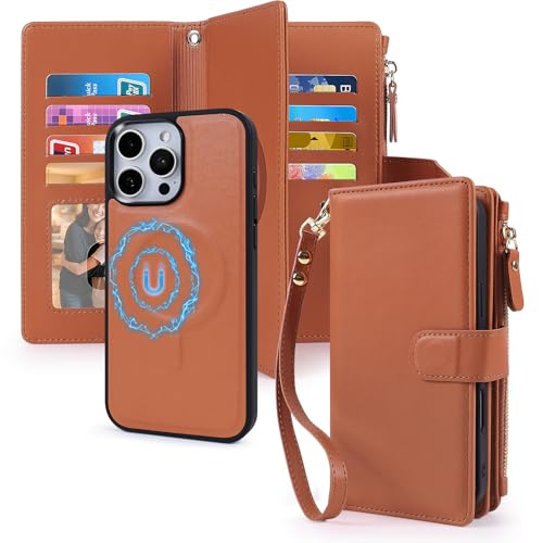 Magnetic Case for iPhone 15 Pro Wallet Compatible with Magsafe RFID Blocking Card Holder Detachable Phone Cover Kickstand Snap Strap Zipper Pocket PU Leather 6.1 inch (Brown) - color: Brown, size: iPhone 15 Pro