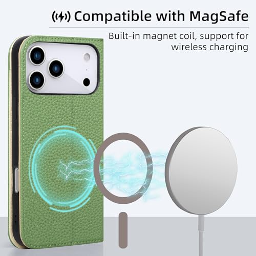 VISOUL Pebbled Leather Wallet Case for iPhone 17 Pro Max 6.9" 2025, Genuine Leather Flip Folio Cover with RFID Blocking Card Holders, Kickstand, Soft TPU Protective Flip Cover -Green+Milky White - color: Green+Milky White