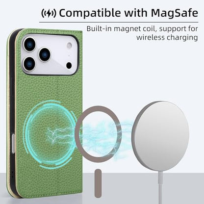 VISOUL Pebbled Leather Wallet Case for iPhone 17 Pro Max 6.9" 2025, Genuine Leather Flip Folio Cover with RFID Blocking Card Holders, Kickstand, Soft TPU Protective Flip Cover -Green+Milky White - color: Green+Milky White