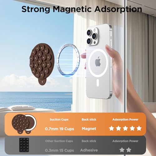 Magnetic Suction Cup Phone Mount with MagSafe, Silicone Hands-Free Grip Holder for iPhone Case and Android, Mirror Shower Phone Stand for Makeup FaceTime Gym Kitchen Bathroom, Chocolate - color: Chocolate