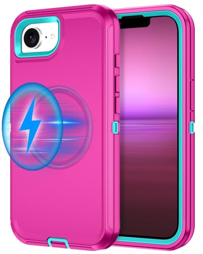 I-HONVA for iPhone 16e Case [Compatible with MagSafe] Shockproof 3-Layer Full Body Protection [Without Screen Protector] Rugged Heavy Duty Cover Case for Apple iPhone 16e 6.1",Rose Red/Green - color: Rose Red/Green
