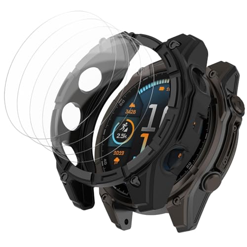 [1+4 Pack] Case with Tempered Glass Screen Protector Compatible with Garmin Fenix 8 SOLAR 51MM (Not for Fenix 8 51mm AMOLED), Bumper Full Coverage Protective Soft Cases Face Cover for Fenix 8 SOLAR 51MM - size: for Fenix 8 SOLAR 51MM