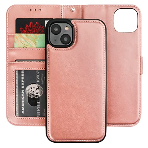 Bocasal Detachable Wallet Case Card Holder for iPhone 14 Plus, Rose Gold | RFID Blocking Kickstand Card Slots Holder PU Leather Magnetic Shockproof Wrist Strap Removable Flip Protective Cover 6.7 inch - color: Rose Gold