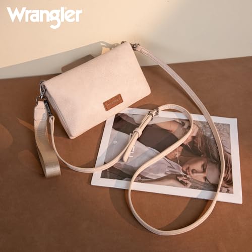 Wrangler White Wallet Purse Womens Wristlet Wallet Spring Bag RFID Blocking Bifold Clutch Small Cute Purse with Crossbody Strap - color: B-beige