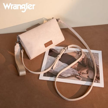 Wrangler White Wallet Purse Womens Wristlet Wallet Spring Bag RFID Blocking Bifold Clutch Small Cute Purse with Crossbody Strap - color: B-beige