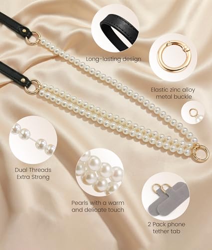 pcgaga Leather Pearl Phone Lanyard for Cellphone Case, Phone Strap Crossbody for Women's Case, Fashion Durable Skin-Friendly - color: Black