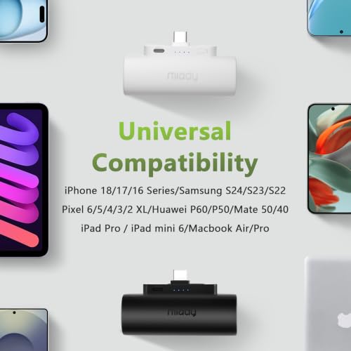 Miady 2-Pack Mini Portable Charger Built-in USB C Connector Small PowerBank - color: Lake Green+Clove Purple