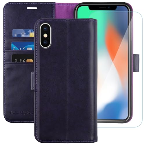 MONASAY Wallet Case for iPhone X/Xs with 3 Card Holders - Purple | Kickstand,RFID Blocking,6.6 feet of shock absorption,PU Leather,Strong Magnetic Closure,Fits 5.8 inch ONLY,screen Protector - color: Purple