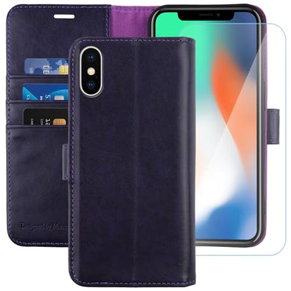 MONASAY Wallet Case for iPhone X/Xs with 3 Card Holders - Purple | Kickstand,RFID Blocking,6.6 feet of shock absorption,PU Leather,Strong Magnetic Closure,Fits 5.8 inch ONLY,screen Protector - color: Purple