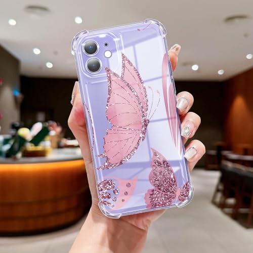 Clear Case Compatible with iPhone 12, Cute Butterfly Print Protective Cover for Girls Women, Slim Soft TPU Four Corners Shockproof Case for iPhone 12 - Dark Pink Butterfly - color: Dark Pink Butterfly, size: iPhone 12