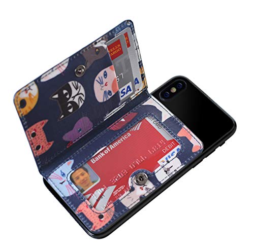 ID Card Holder for Back of Phone Leather Phone Wallet Stick On with Stand Flip Waterproof Leather Adhesive Wallet for Most Cellphones (Blue Cat) - color: Blue Cat