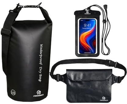 Freegrace Waterproof Dry Bag with Double Zip-Lock, Phone Case & Waist Pouch | 5L Black, Submersible 500D Tarpaulin, Adjustable Crossbody Strap, Floating Gear For Kayaking, Boating, Swimming, Scuba Diving - color: Black, size: 5L, style: Without Window