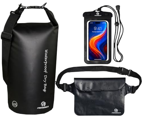 Freegrace Waterproof Dry Bag with Double Zip-Lock, Phone Case & Waist Pouch | 10L Black, Submersible 500D Tarpaulin, Adjustable Crossbody Strap, Floating Gear For Kayaking, Boating, Beach Trips, Swimming - color: Black, size: 10L, style: Without Window