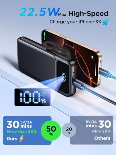 Power Bank, Portable Charger with Built in Cable Fast Charging Battery Pack - color: Black