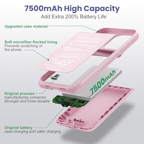 Battery Case for iPhone 14/13/13 Pro (6.1 Inch),Upgraded 7500mAh Ultra-Slim Portable Charging Case Rechargeable Protective Extended Battery Pack for iPhone 14/13/13 Pro Charger Cover-Pink - color: Pink