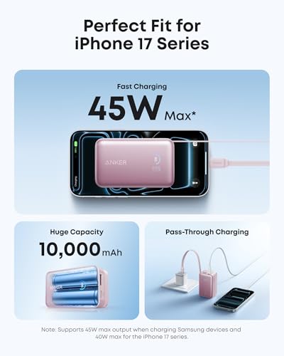 Anker Nano Power Bank, 45W 10,000mAh Portable Charger, iPhone Battery Pack (Pink) - color: Pink
