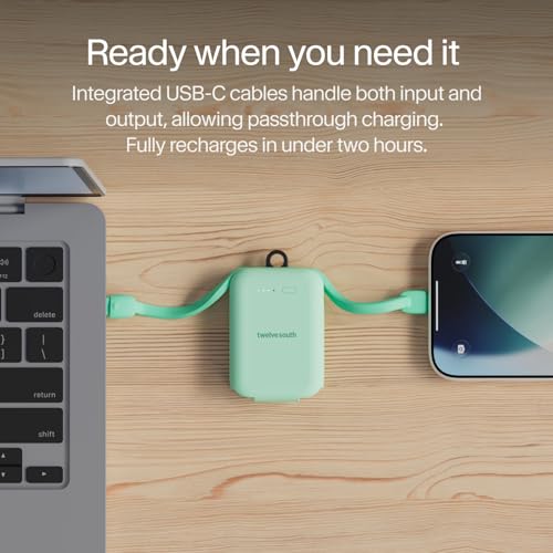 Twelve South PowerClip Mini Charger with Built-in USB-C Cable, 2000mAh - color: Mint
