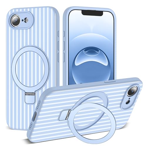 SKYLMW Striped Case for iPhone 16E with Stand,6.1" Blue/White | Aesthetic Striped,Magnetic Stand,Compatible with Mag-Safe,Silicone 16E Phone Case - color: Blue/White, size: Iphone 16 E