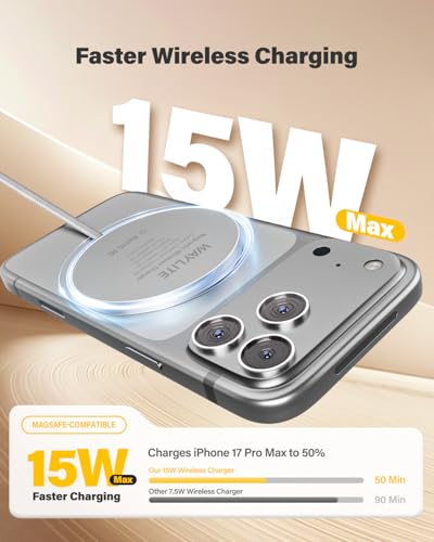 6FT Magnetic Wireless Charger Charging Pad - 15W Fast Mag-Safe Phone Charger for Apple iPhone 17 16 15 14 13 12 Series & AirPods 4 3 2 Pro, Phone Charging Pad with Plug for Desk & Travel, 2Pack White