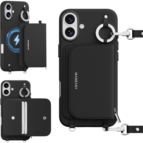 MAGEASY Pouch MagSafe Crossbody Wallet Phone Case for iPhone 16 Plus - Removable Wallet with Strap, 16ft Drop Protection, Card Holder & Coin Pocket Magnetic Purse Compatible with MagSafe (Black) - color: Black, size: iPhone 16 Plus