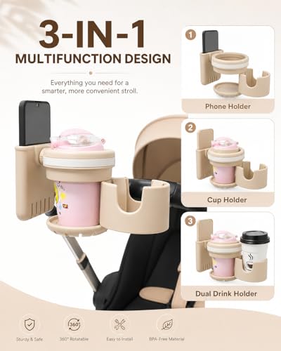 3-in-1 Stroller Cup Holder with Phone Holder, Dual Cup Holder with Upgraded Double Clamp, Universal Cup Holder for Stroller, Walker, Wheelchair & Bike, Anti-Spill Stable Drink Organizer (Khaki)