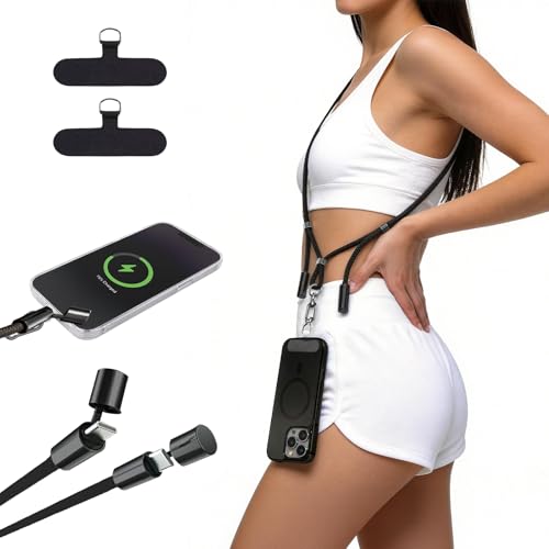 2-in-1 Phone Lanyard USB-C Charging Cable, 60W Fast Charge Braided Crossbody Strap, Adjustable Anti-Lost Cord - color: Black