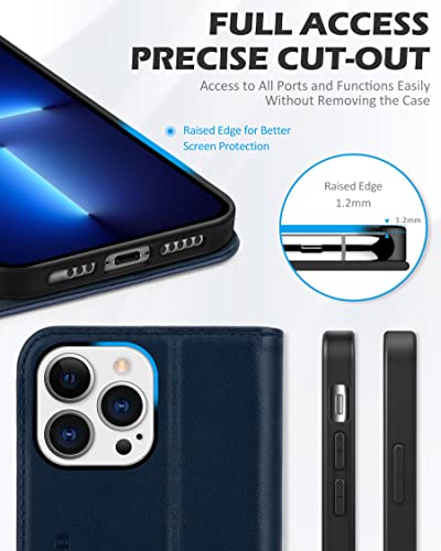 SHIELDON Genuine Leather Case Wallet for iPhone 13 Pro 6.1" 2021, Navy Blue | Magnetic Closure, RFID Blocking, Credit Card Slot, Kickstand, Flip Book Design, Shockproof Phone Cover - color: Navy Blue