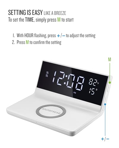Soundfreaq Charge Rise II, SFQ-20: Digital Alarm Clock, with Fast USB Charger and Wireless Charger (White, Home) - color: White