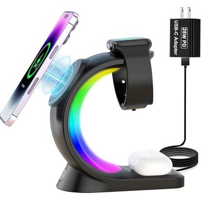 3 in 1 Wireless Charging Station, 15W Fast Magnetic Wireless Charger - color: Black